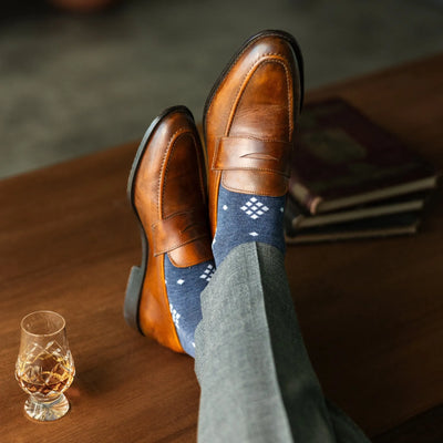 The Prussian Paragons - A Prussian Blue Sock with White Nested Diamonds