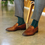 deep green sock with powder blue micro-pin dots