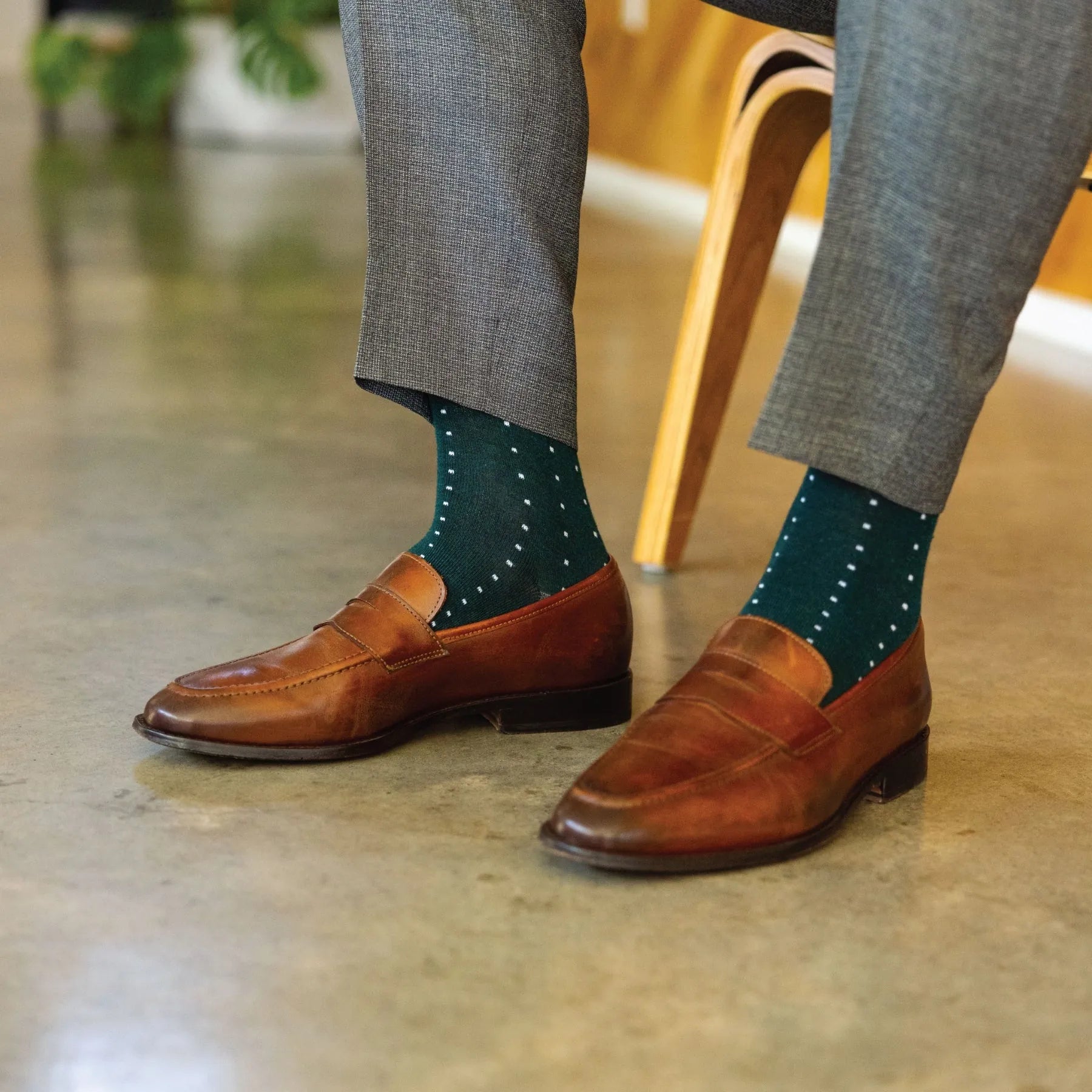 deep green sock with powder blue micro-pin dots