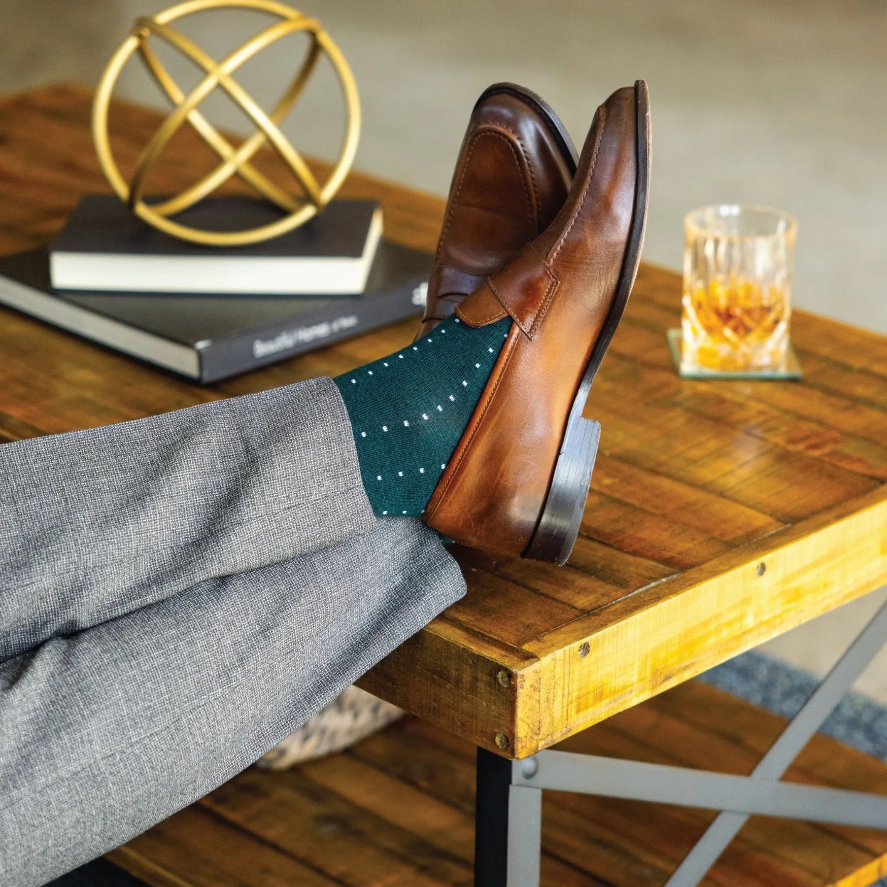 deep green sock with powder blue micro-pin dots