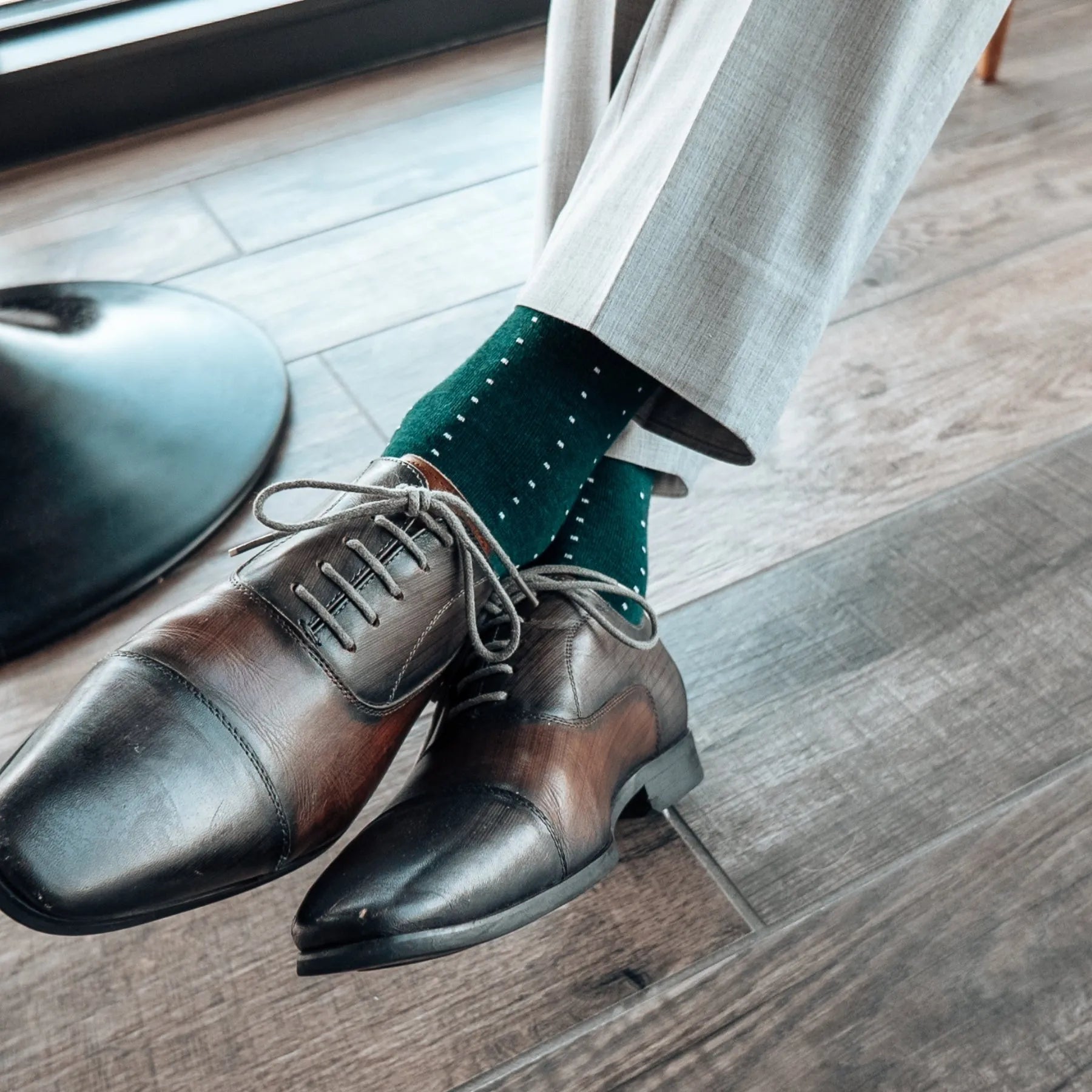 deep green sock with powder blue micro-pin dots