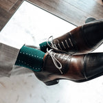 deep green sock with powder blue micro-pin dots