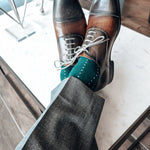 deep green sock with powder blue micro-pin dots