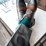 deep green sock with powder blue micro-pin dots