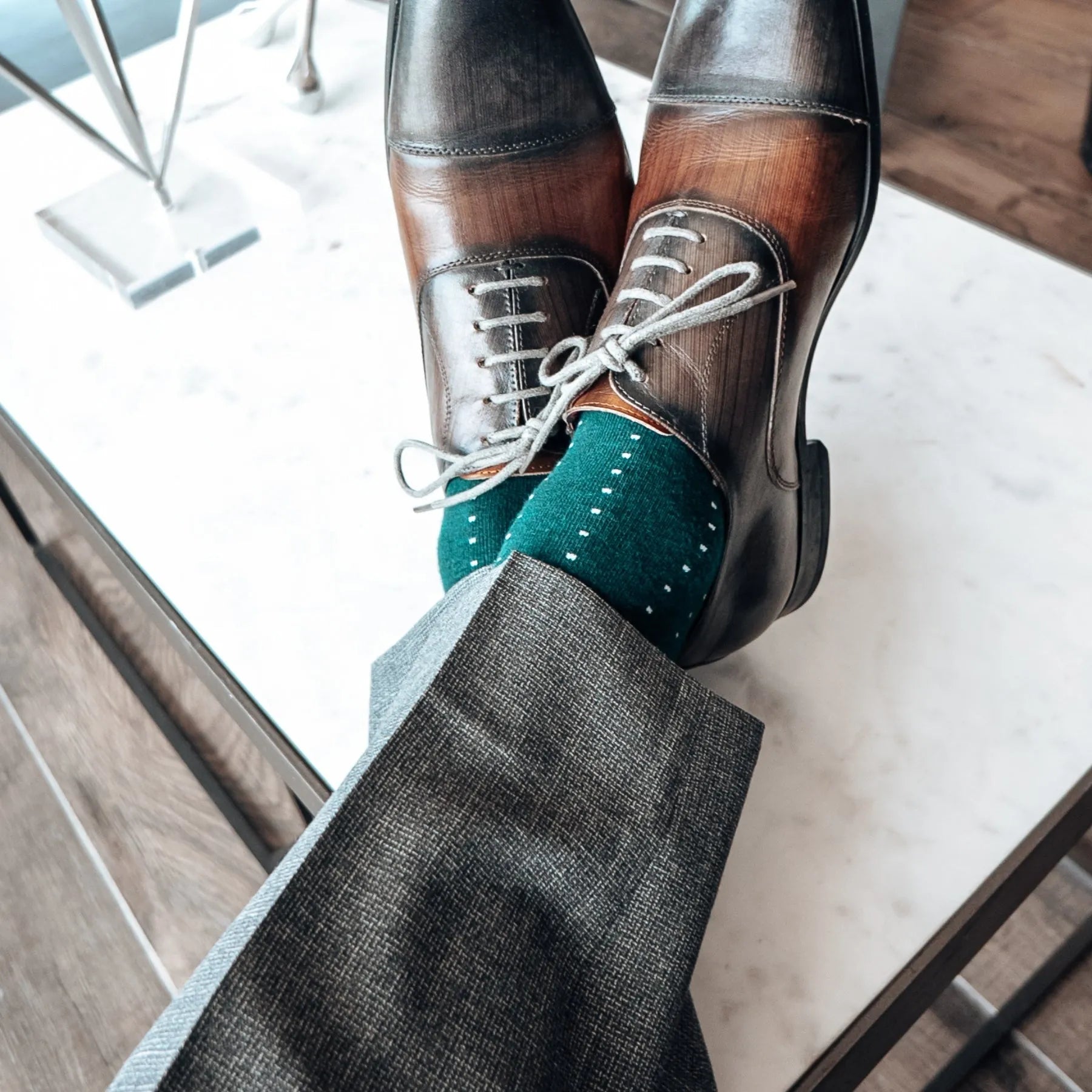 deep green sock with powder blue micro-pin dots