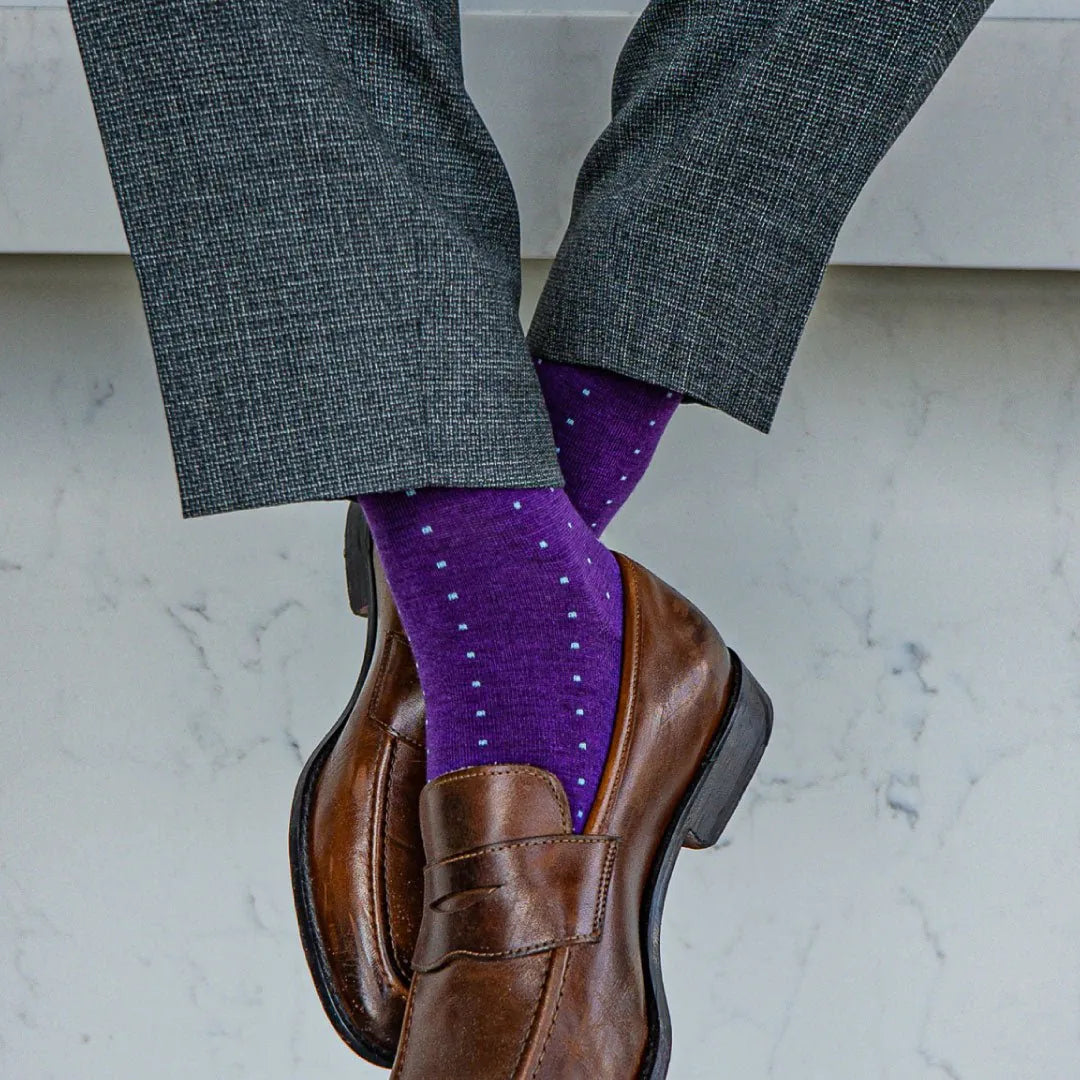rich purple men's dress sock with blue micro dots