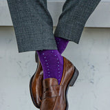 rich purple men's dress sock with blue micro dots