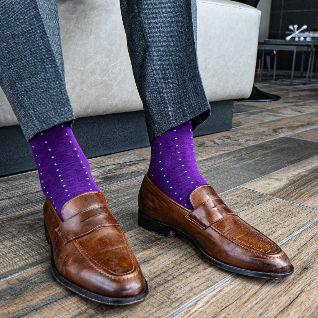 The Richards | Purple Men's Dress Sock with Blue Micro-Dots Over-The-Calf The Richards | Purple Men's Dress Sock with Blue Micro-Dots Over-The-Calf