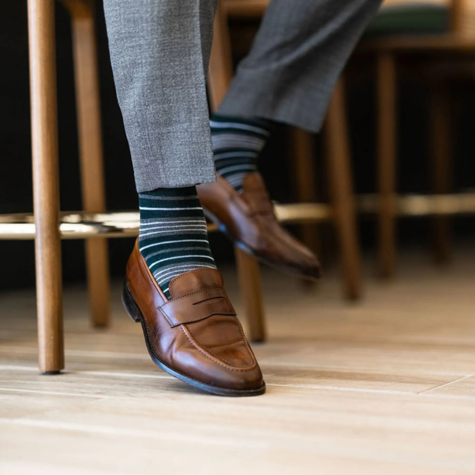 green, grey, and white striped men's dress sock