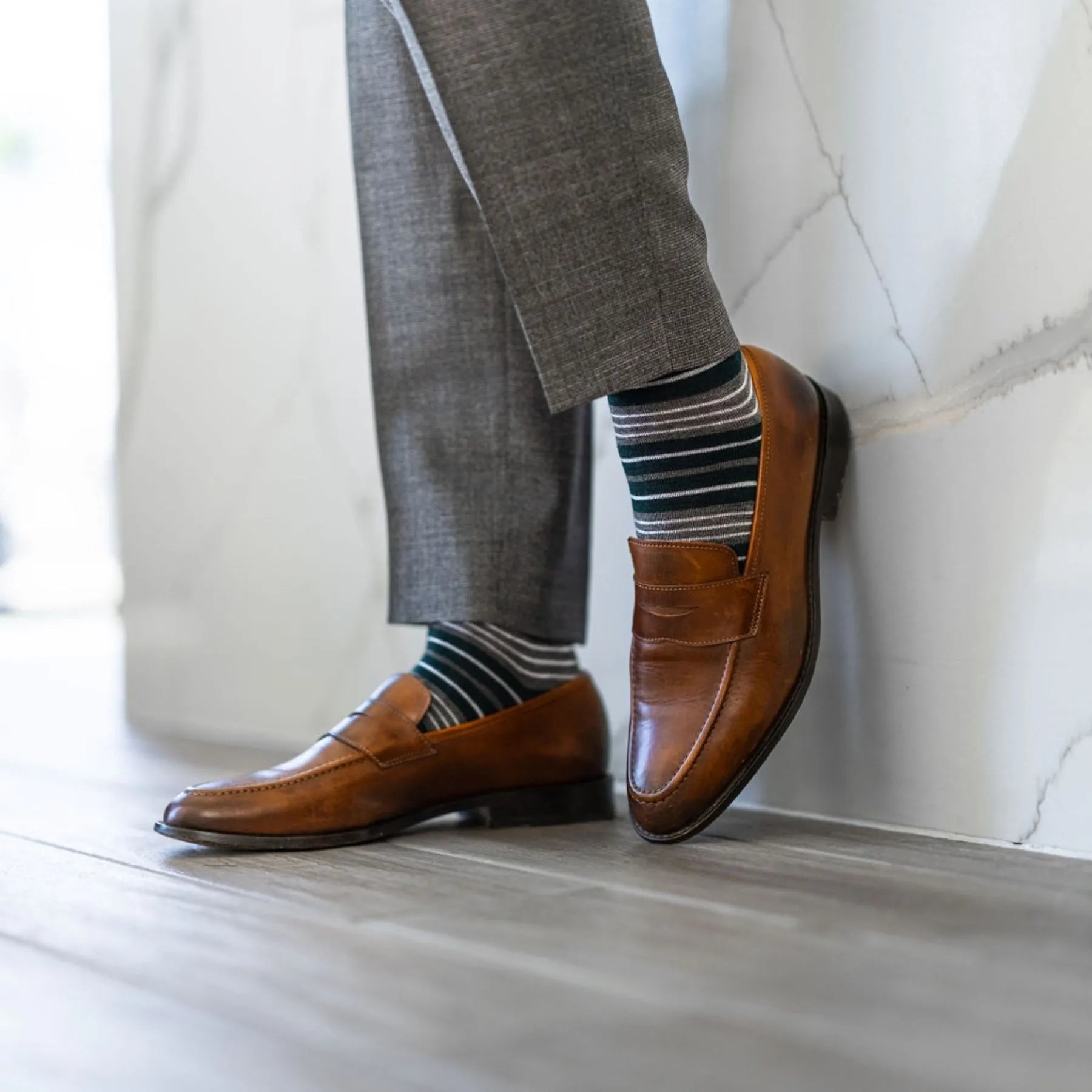 green, grey, and white striped men's dress sock
