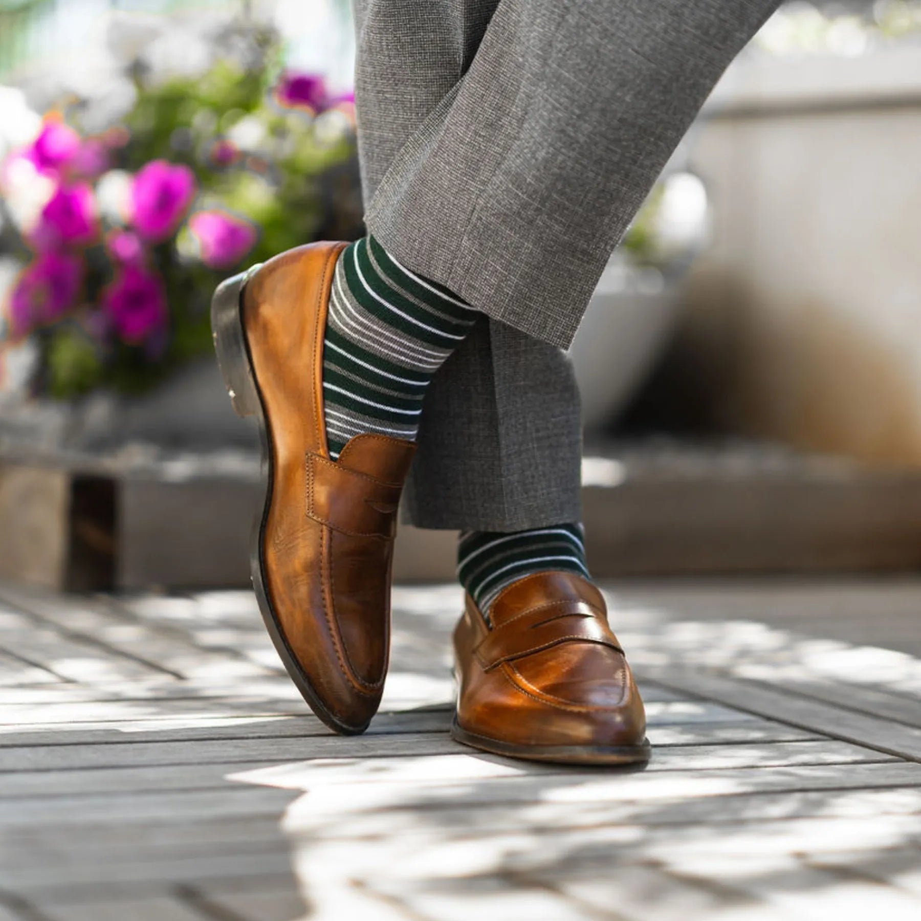 green, grey, and white striped men's dress sock
