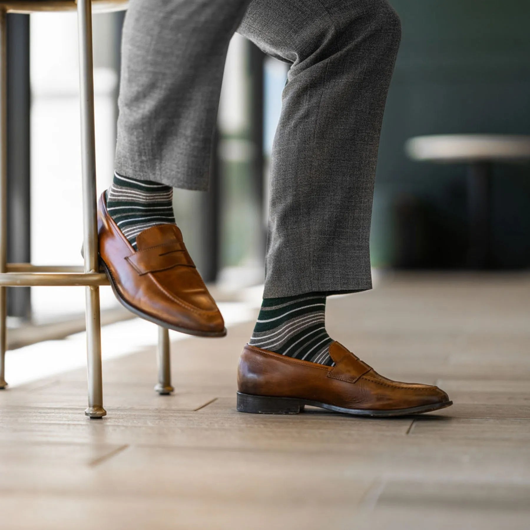 green, grey, and white striped men's dress sock