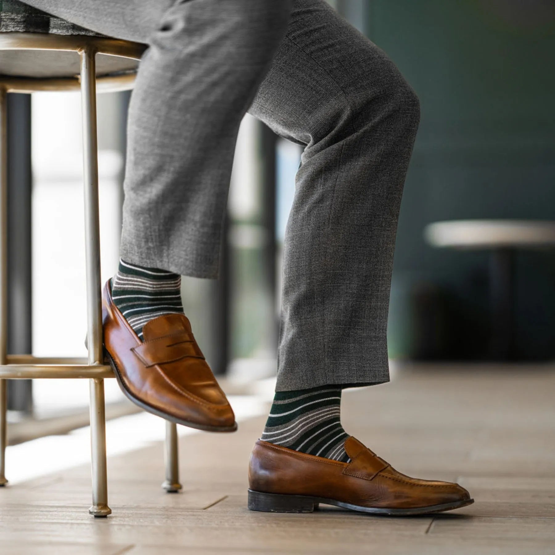 green, grey, and white striped men's dress sock