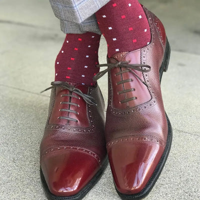 The Shelbys - A Cranberry Sock with Red and Powder Blue Micro-Squares