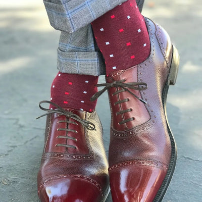 The Shelbys - A Cranberry Sock with Red and Powder Blue Micro-Squares