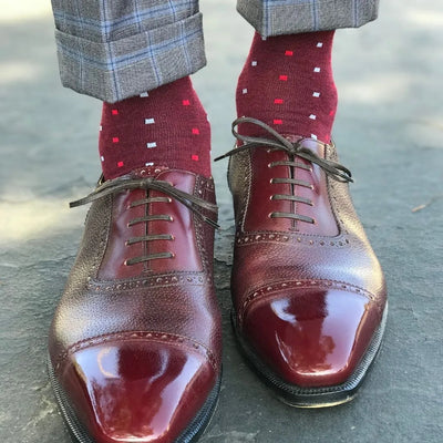 The Shelbys - A Cranberry Sock with Red and Powder Blue Micro-Squares