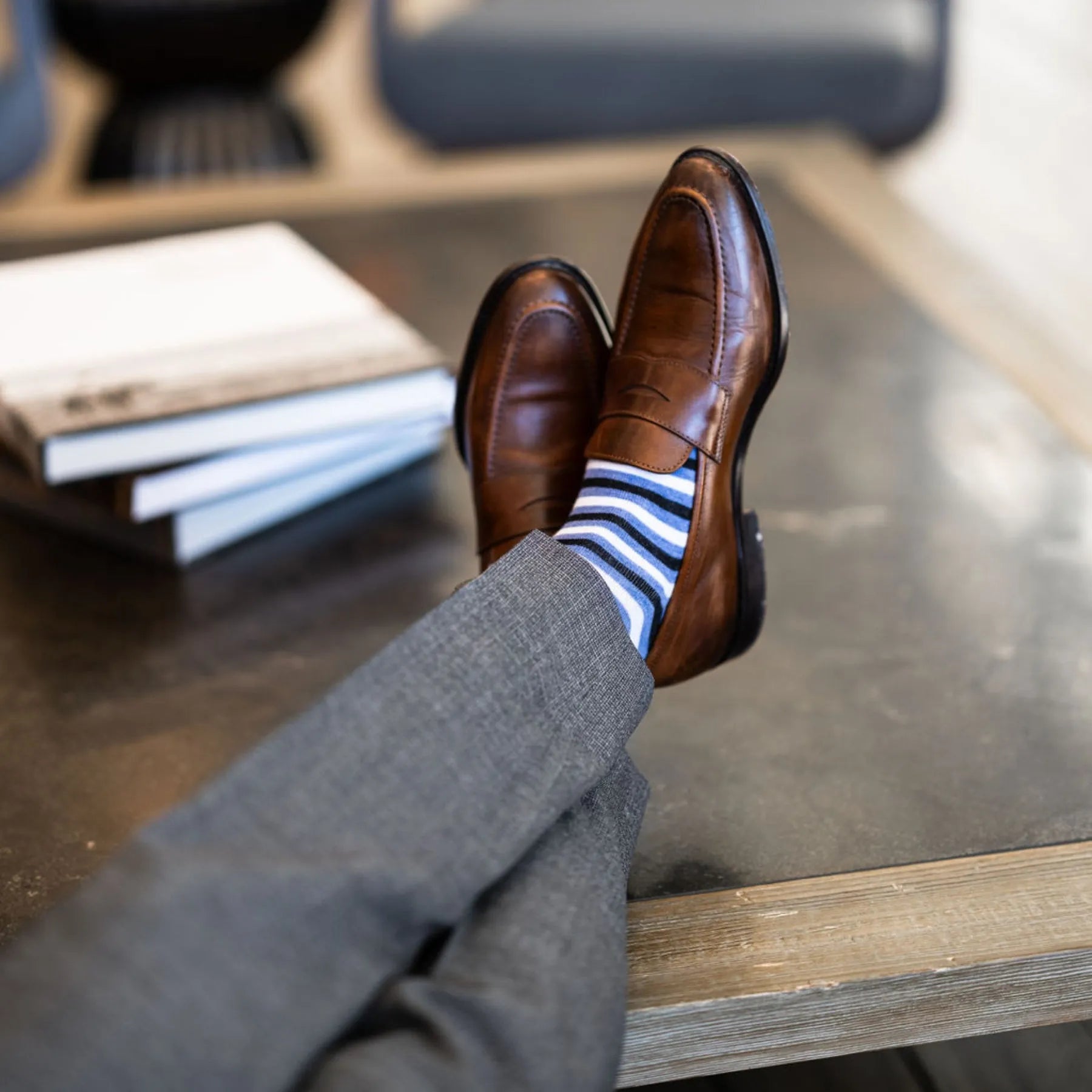 Blue, Black, and White Striped men's dress socks