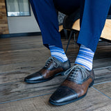 blue, grey, and white striped men's dress socks