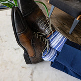 blue, grey, and white striped men's dress socks