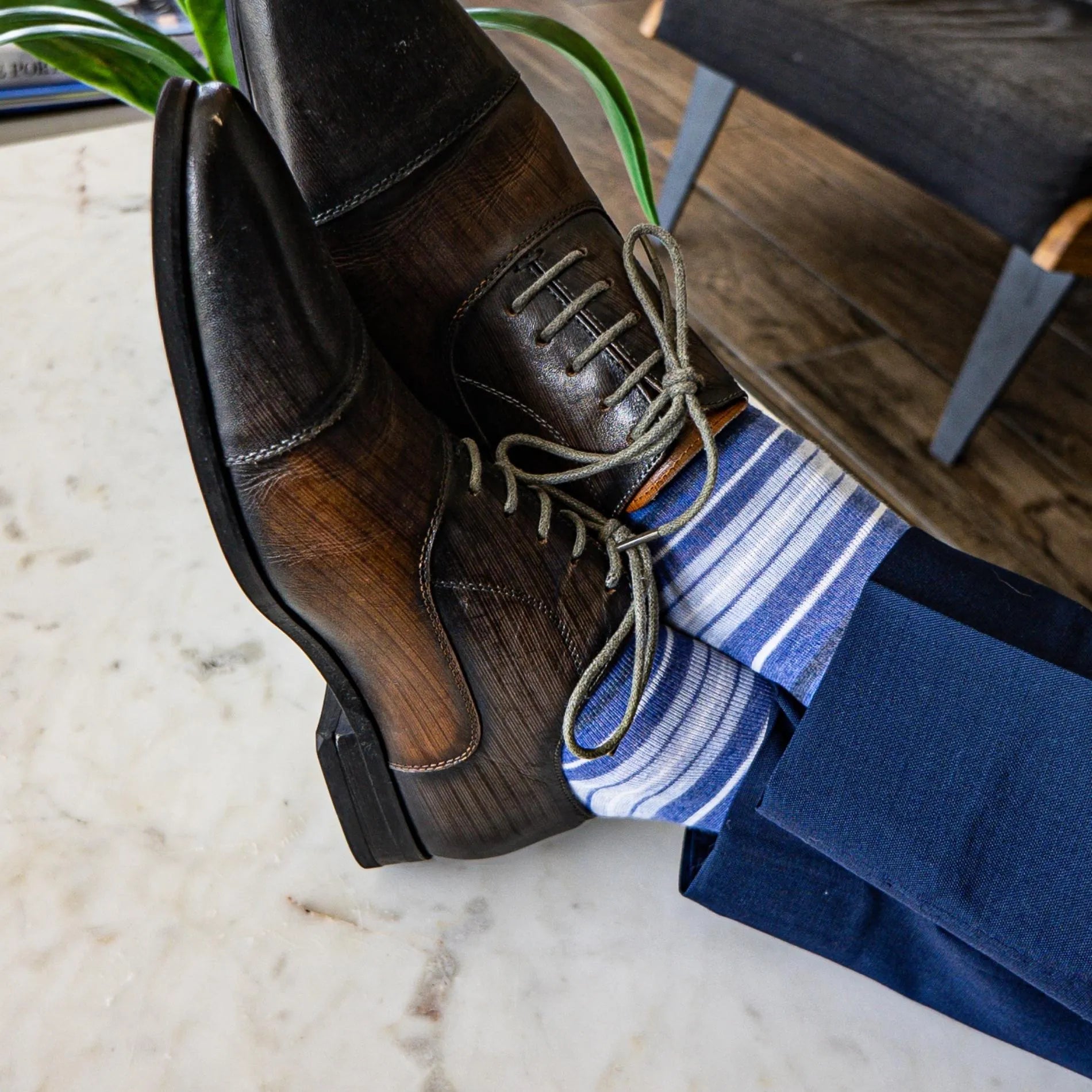 The Vottieros - A Blue, Grey, and White Multi-Stripe Men's Dress Sock Over-The-Calf The Vottieros - A Blue, Grey, and White Multi-Stripe Men's Dress Sock Over-The-Calf