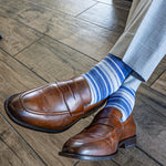 blue, grey, and white striped men's dress socks