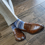 blue, grey, and white striped men's dress socks