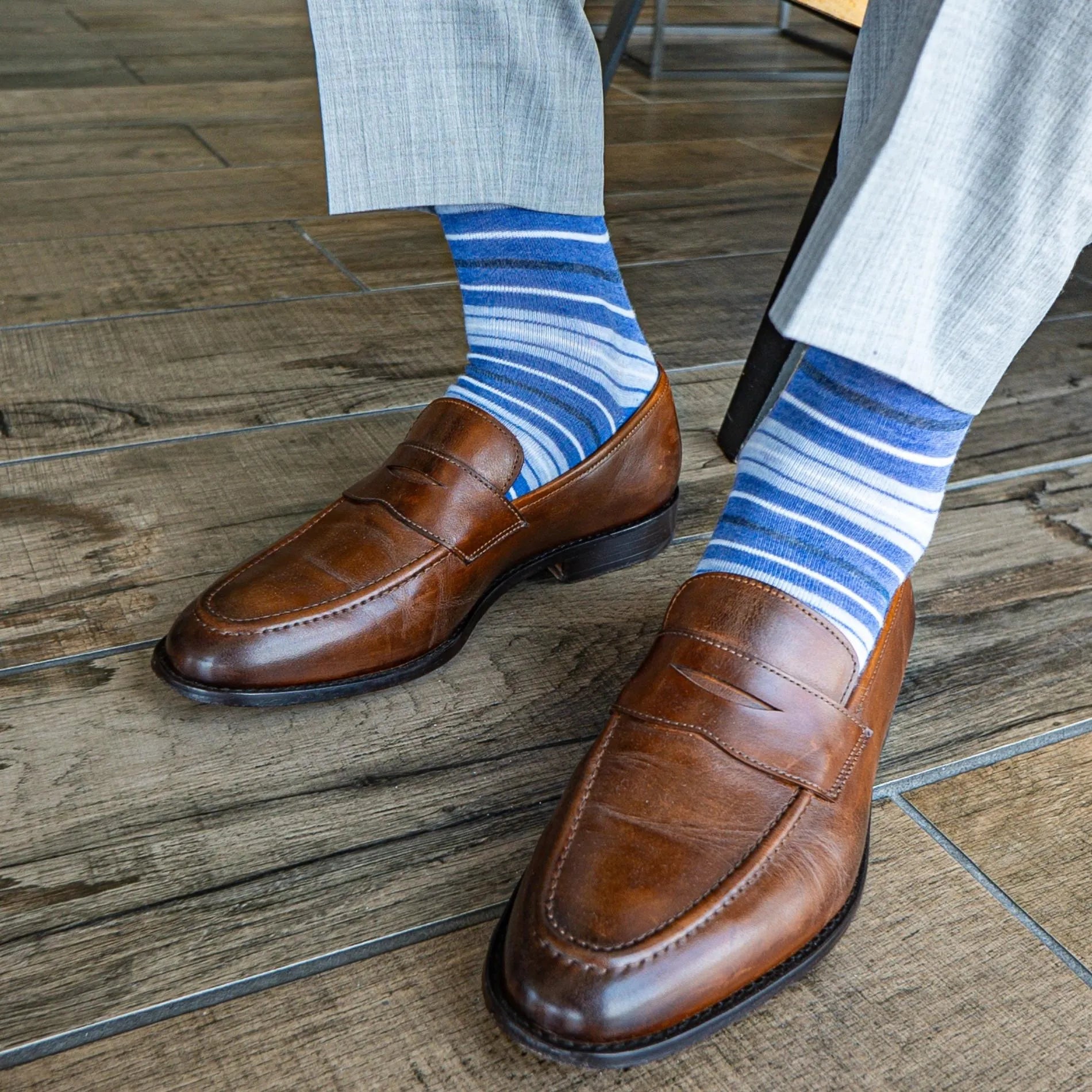 The Vottieros - A Blue, Grey, and White Multi-Stripe Men's Dress Sock Over-The-Calf The Vottieros - A Blue, Grey, and White Multi-Stripe Men's Dress Sock Over-The-Calf