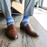 blue, grey, and white striped men's dress socks
