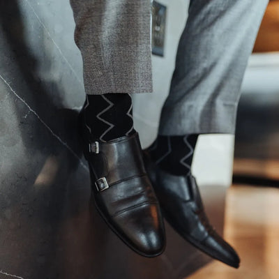 The Walters - A Black Dress Sock with a Silver Zigzag Pattern