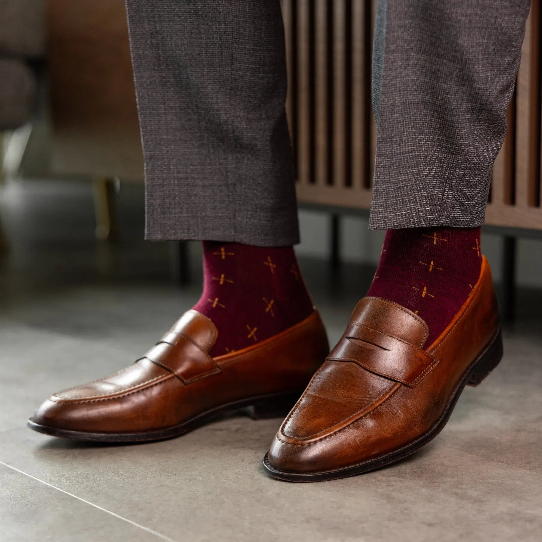 The Wendes - A Deep Red Sock with Gold T-Suns Over-The-Calf The Wendes - A Deep Red Sock with Gold T-Suns Over-The-Calf