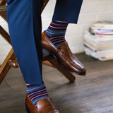 Deep red men's dress sock with blue and white stripes