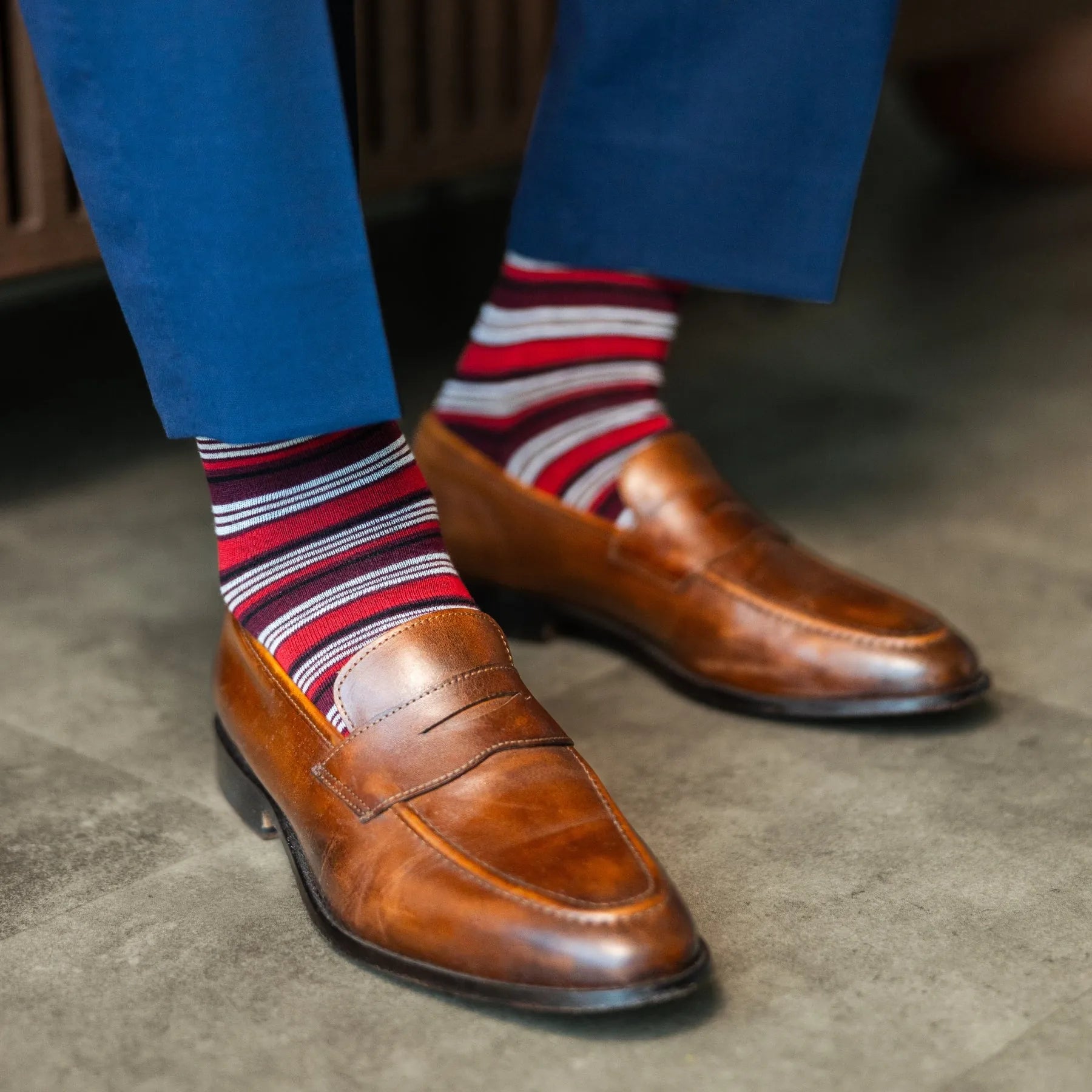 Red, maroon, and cream striped men's dress socks