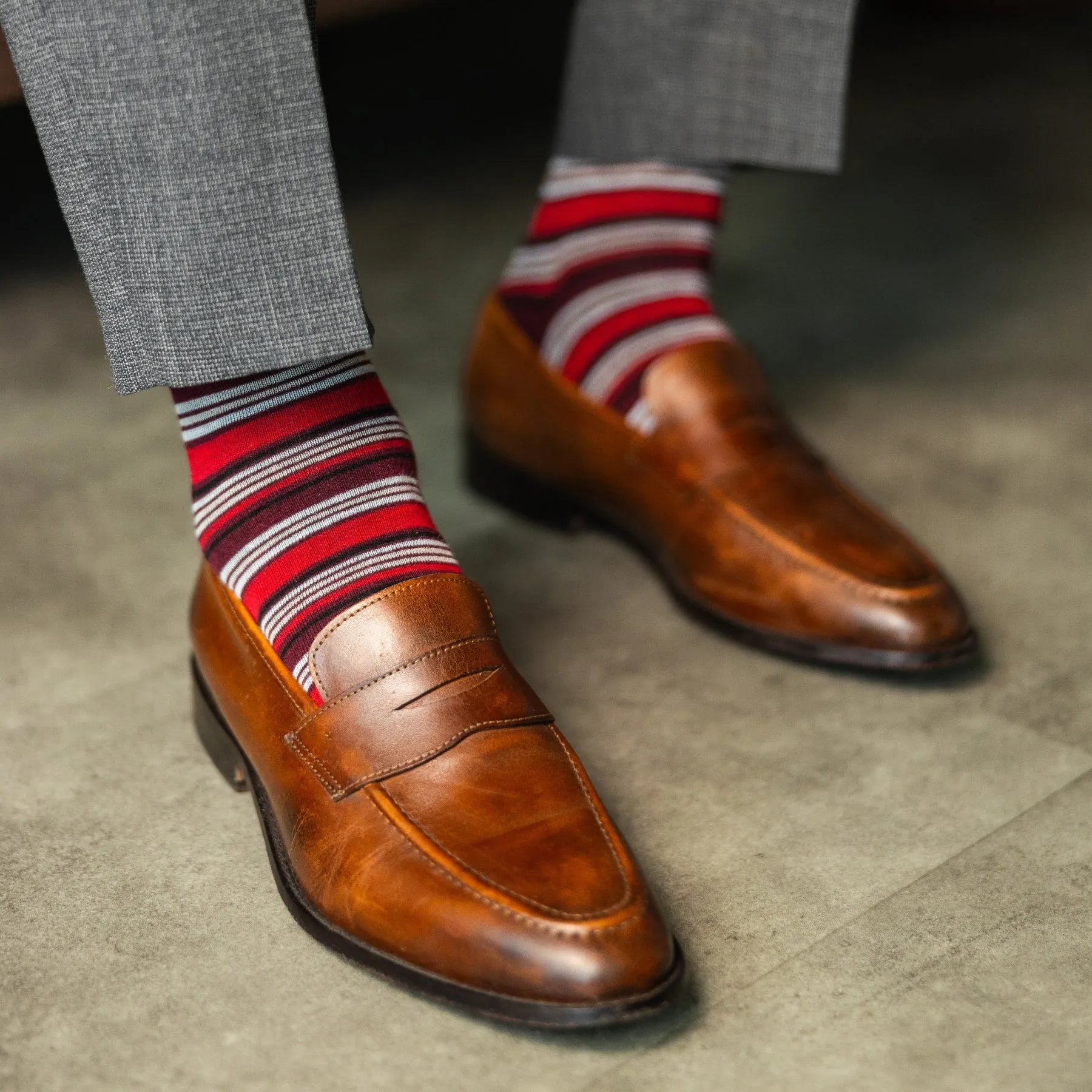 Red, maroon, and cream striped men's dress socks