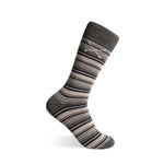 A men's dress sock combining grey, sage, and olive stripes designed for refined versatility and subtle sophistication. 