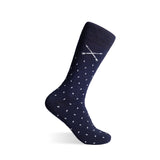 Navy sock with white pattern on a white background