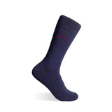 Navy blue socks with a red micro-tile pattern.