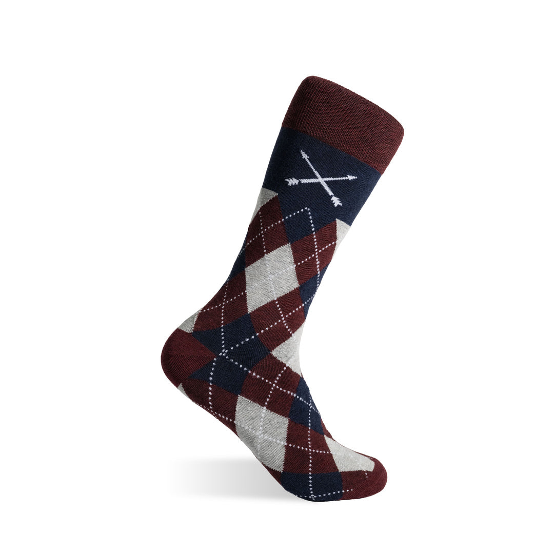 Argyle crew sock with navy, cranberry and grey diamond pattern, contrasting cuff and embroidered logo.