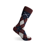 Argyle crew sock with navy, cranberry and grey diamond pattern, contrasting cuff and embroidered logo.