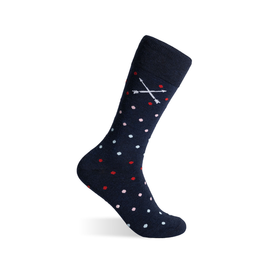 Navy crew sock with multicolor polka dots, ribbed cuff and embroidered logo.