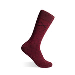 A deep red men's dress sock with a navy micro-tile pattern