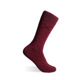 A deep red men's dress sock with a navy micro-tile pattern