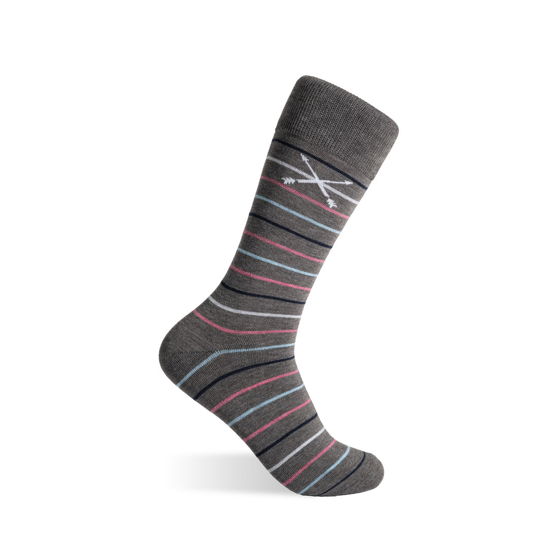 Grey striped crew sock with multicolor accents and embroidered logo.
