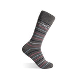 Grey striped crew sock with multicolor accents and embroidered logo.