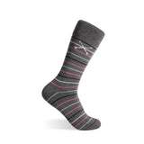 Grey striped crew sock with multicolor accents and embroidered logo.