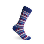 A blue, red, and grey striped men's dress sock