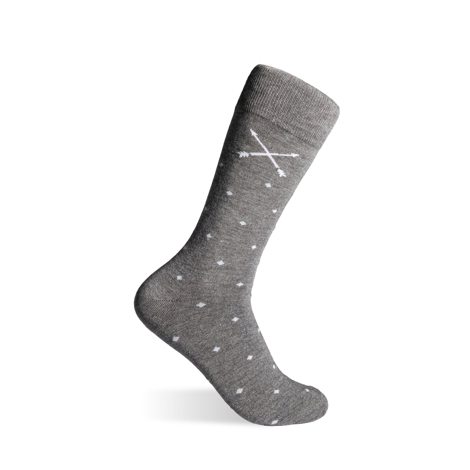 grey men's dress socks with a pale blue diamond pattern
