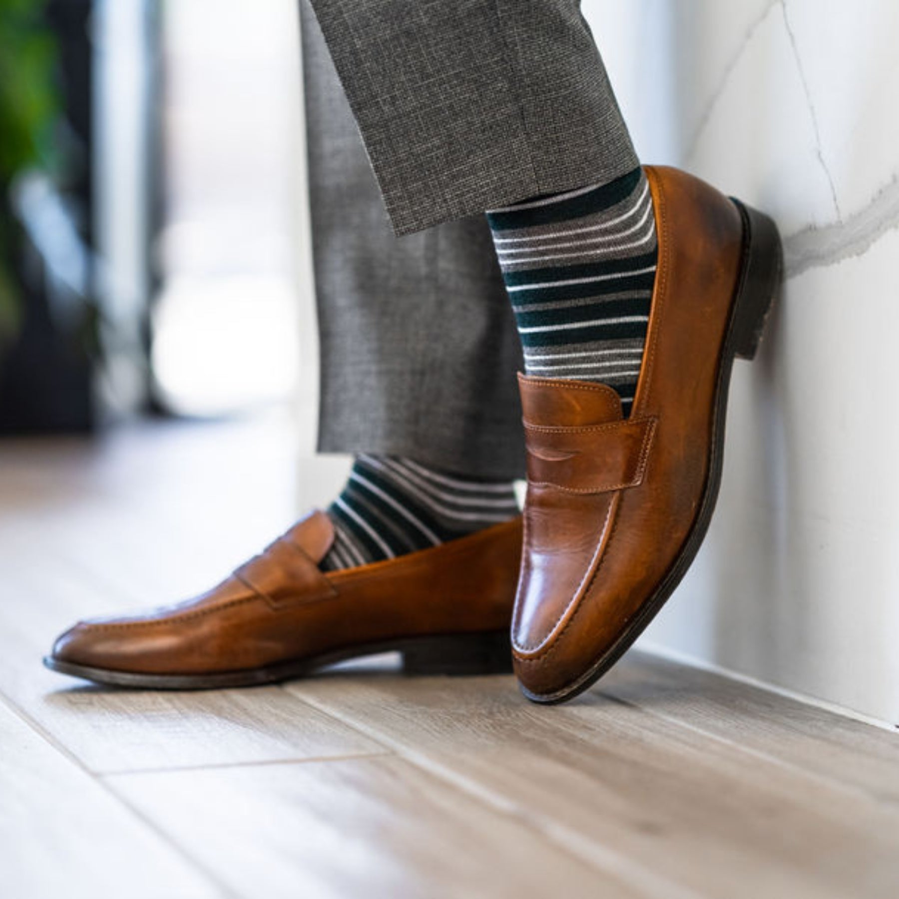 green, grey, and white striped men's dress sock
