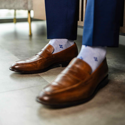 Pale Blue men's dress socks with a Navy flower pattern