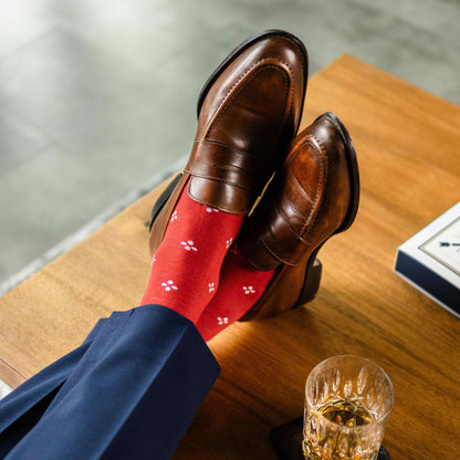 Cherry Red men's dress sock with a white flower pattern