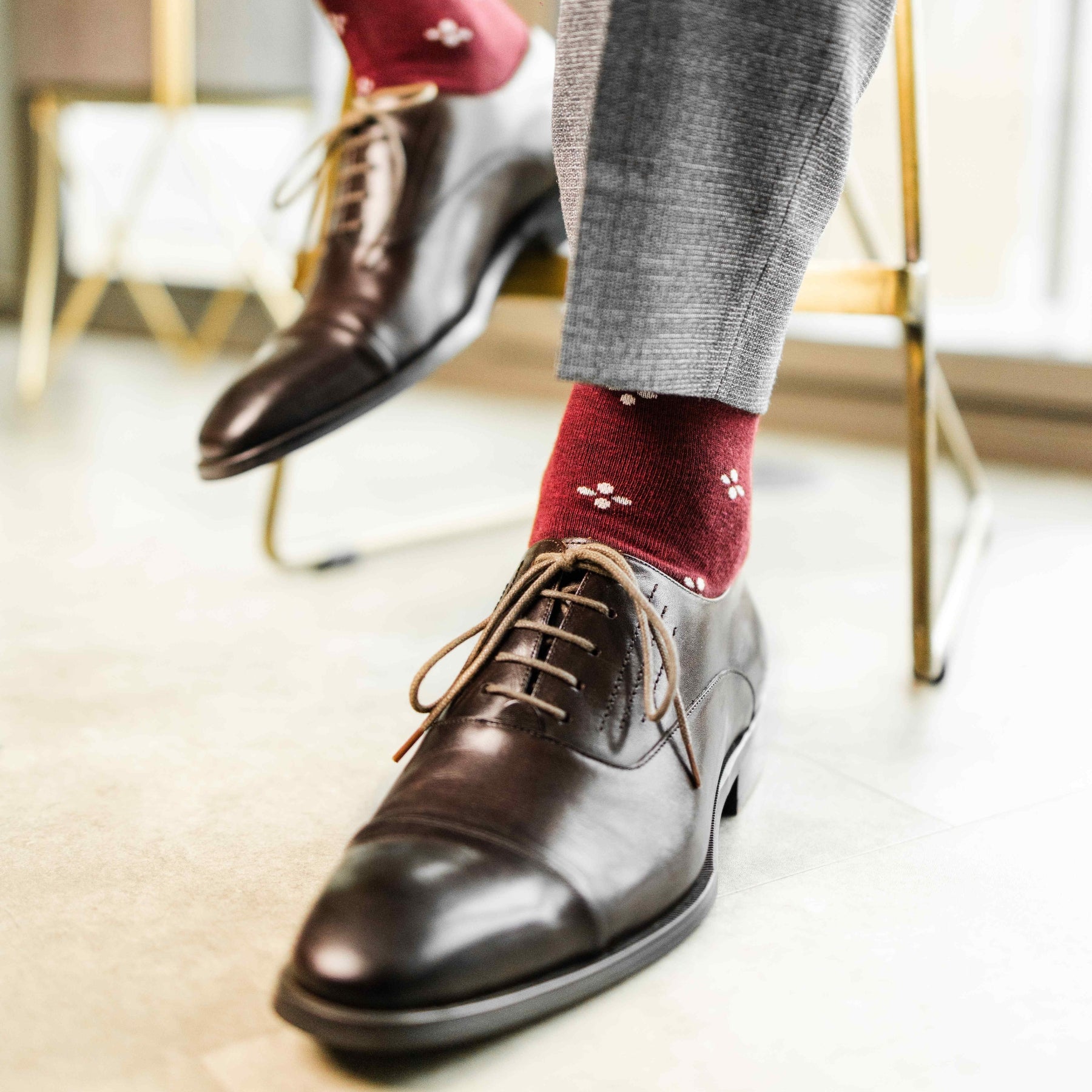 Cranberry Red men's dress sock with a white flower pattern